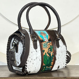New Arrival Western Designer Tooled Hair on Cowhide Leather Medium Duffel Bags Stylish Top Handle & Crossbody Travel Handbags - Product Image 4