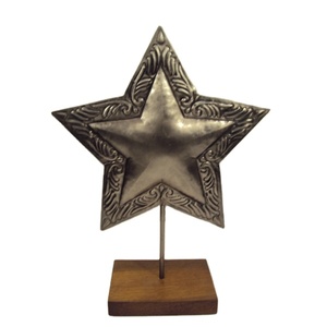 Nickel Finished Engraved Design Border Metal <b>Star</b> Stand With Wooden Base For Christmas Home Table Top <b>Decor</b> - Product Image 1