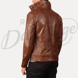 แจ็คเก็ตหนังสีน้ำตาลพรีเมียมสำหรับผู้ชาย แบบซิป แจ็คเก็ตลำลองขายส่ง หนังแท้ ทรงเข้ารูป - Product Image 2