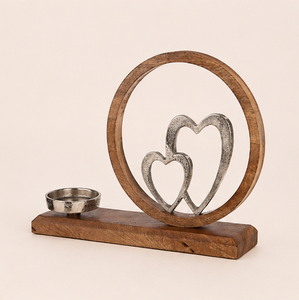 Handmade Rustic Mango Wood Candle Holder With Decorative Metal Double Hearts Elegant Silver & Brown Tealight <b>Stand</b> For Home - Product Image 1