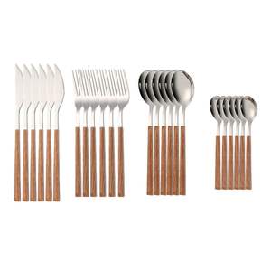 Juego de cubiertos minimalista de metal con mango de madera, juego moderno de tenedor, cuchara y cuchillo para comidas elegantes - Product Image 3