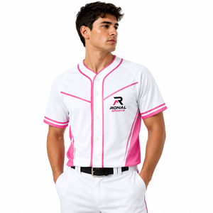 Maillot de football d'hiver pour homme RONAL SPORTS blanc et rose, manches courtes, col baseball, respirant, anti-humidité, coupe athlétique - Product Image 3