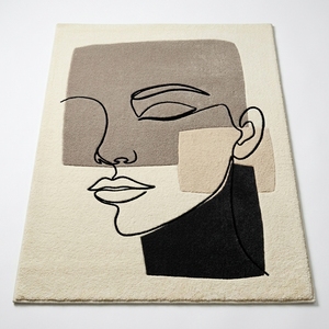 Modern Minimalist Abstract Face Wool/Cotton Medium Pile Area Rug Beige <b>Black</b> Gray Soft Floor Mat for Bedroom Living Room - Product Image 1