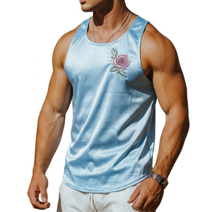 OEM Stylish Tank Tops High Quality Satin Spandex <b>Blend</b> Custom Flower Embroidered Party Fashion Wholesale Bulk Tank Tops For Men - Product Image 1