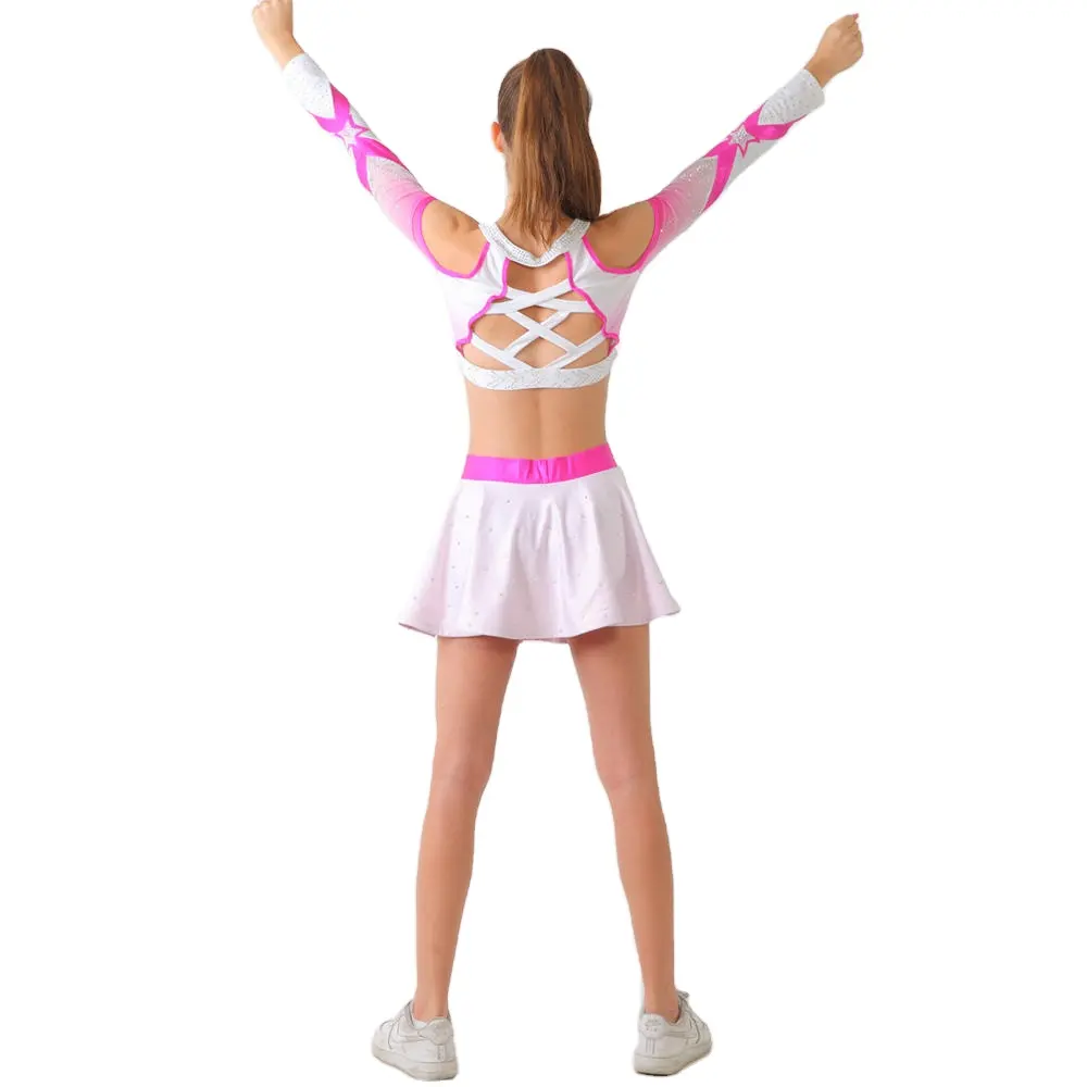 Alta qualidade vestido de dança da menina design Cheerleading uniformes 2 peça conjuntos para crianças e adolescentes