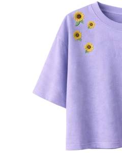 Camiseta Corta de Algodón para Mujer con Bordado de Girasol y Lavanda, Manga Corta, Ajuste Holgado Casual, Moda de Verano, Diseño Floral, Venta al por Mayor - Product Image 2