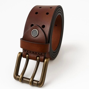Cinturón casual de cuero genuino marrón de alta calidad para hombre, para jeans, con hebilla de rodillo doble chapada en latón, resistente, cinturón de vestir. - Product Image 5