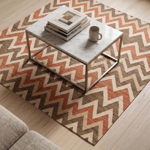 Tapis en laine tissé à la main de qualité supérieure, tissage plat, marron terre cuite, motif chevron en zigzag, géométrique, moderne, pour salon, décoration de sol - Product Image 4