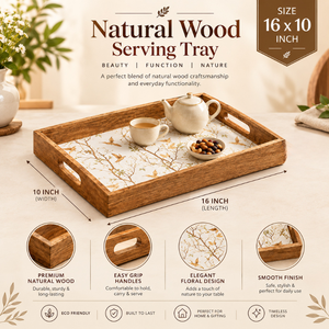 ถาดเสิร์ฟไม้ธรรมชาติสไตล์โมเดิร์น |   ถาดสี่เหลี่ยมลายดอกไม้พร้อมหูจับ เป็นมิตรกับสิ่งแวดล้อม สำหรับกาแฟ ชา ขนม และอาหาร - Product Image 5
