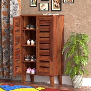 Furniture Woodcrony Wooden Small Shoe Rack with Door, Shoe Rack Cabinet Organizer with <b>Storage</b> - Sheesham Wood, Teak Finish - Product Image 1