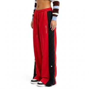 Women's Custom Wide Leg Casual <b>Trousers</b> Loose Fit <b>Drawstring</b> Waist Quilted Contrast Side Panels Streetwear <b>Trousers</b> - Product Image 3
