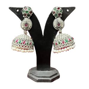 Boucles d'oreilles pendantes Jhumka en alliage d'argent oxydé avec zircon pour femme - Cadeau classique pour mariage et festival - Product Image 1