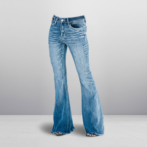 Jean évasé taille haute pour femme en denim bleu clair délavé, style vintage décontracté, longueur intégrale, en coton déchiré, style automne - Product Image 2