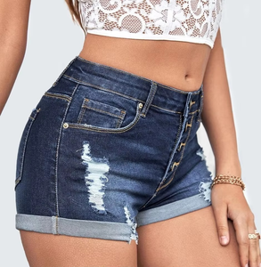 Shorts en jean décontractés taille haute pour femmes, style déchiré, respirants, bleu foncé, à boutons – Vente chaude en gros - Product Image 3