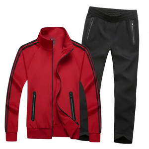 Survêtement Homme Rouge et Noir à Manches Longues avec Fermeture Éclair, Col Montant, Sportif, Respirant, Tenue Décontractée d'Automne, Couleur Unie, Coupe Classique - Product Image 1