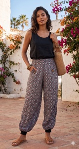 Women's High Waist Flat Harem Pants 100% Cotton Eco-Friendly Breathable Loose Fit Ankle Length <b>Elastic</b> Waist Printed Summer - Product Image 6