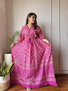 Pink <b>Floral</b> Printed Cotton Maxi Dress V-Neck A-Line Wrap <b>Tie</b> Natural Waist Summer Modest Gown Front Logo - Product Image 1