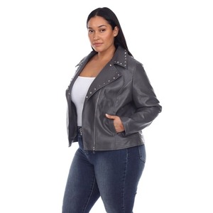 Veste en cuir PU pour femme avec détails rivets, col rabattable, fermeture éclair, coupe classique, style automne, couleur unie - Product Image 5