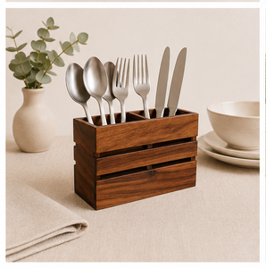 Premium Handcrafted Wooden Cutlery Holder Multi-Compartment Kitchen Utensil Organizer And Silverware <b>Caddy</b> For Dining <b>Table</b> - Product Image 3