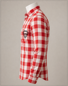 Camisa a cuadros roja y blanca premium personalizada para hombre, de manga larga, de algodón, con botones, de franela, con bolsillo, informal, de corte ajustado. - Product Image 6