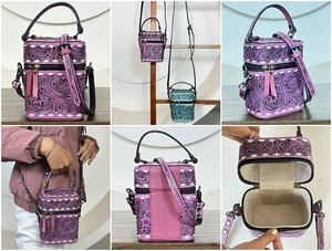 Estuche de Maquillaje de Cuero Vacuno Rosa Estilo Western, Hecho a Mano, con Asa y Correa para el Hombro, Organizador de Maquillaje de Viaje - Product Image 3