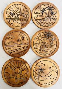 Juego de Posavasos de Madera con Grabado Láser de Escena Tropical de Playa, Posavasos Redondos de Pino para Bebidas, Tazas de Café, Protector de Superficie de Mesa - Product Image 1