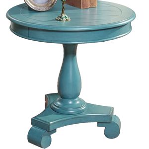Tavolo Consolle Rotondo Rene in Legno con Piedistallo, Elegante Tavolino Laterale in Teal - Product Image 5