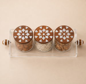 Ensemble de pots en acrylique avec incrustations florales en nacre, couvercles en bois et plateau transparent pour le rangement des noix, organisateur de cuisine décoratif de style bohème - Product Image 2