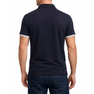 Polo premium azul marino para hombre con ribete de manga en gris claro, manga corta, deportivo. - Product Image 4