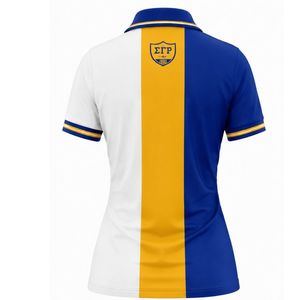 Camiseta Polo Griega Personalizada para Mujer, Sigma Gamma Rho, Tres Paneles, Azul Rey y Amarillo, Bloques de Color, Manga Corta, Ropa de Sororidad - Product Image 2