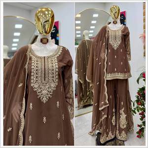 HENIXA CREATION Ensembles Sharara Gharar en Georgette Pure Fox, Style Moderne, Coupe Ajustée, Séchage Rapide, Broderie à Sequins et Travaux de Couture - Product Image 1