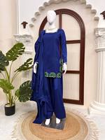 Setelan Salwar Kameez Bordir Biru dengan Mantel Panjang dan Celana Palazzo, Pakaian Pakistan India untuk Acara Resmi