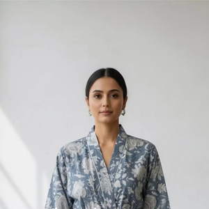 Kimono de Algodón Índigo con Estampado Floral Hecho a Mano, Elegante Kaftán Largo con Estampado Flocado, Prenda Casual de Verano para Mujer, Versátil y Sostenible - Product Image 1