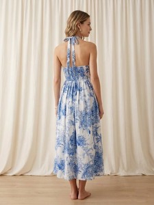 Vestido maxi floral azul y blanco, vestido de algodón con cuello halter, vestido midi de verano, vestido bohemio fluido, vestido para vacaciones en la playa, estampado elegante - Product Image 3