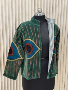 Green Velvet Embroidered Blazer With Peacock <b>Pattern</b> Full Sleeve Turn-down Collar Autumn Women's <b>Jacket</b> - Product Image 2