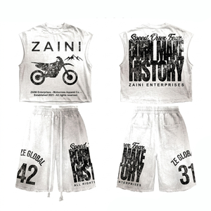 Conjunto de Camiseta sin Mangas y Pantalones Cortos de Jersey de Algodón Premium de 300 GSM, Diseño Gráfico Personalizado, Transpirable, Estilo Vintage Lavado de Verano - Product Image 1