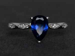 Anillo de Zafiro con Corte de Pera, Anillo de Compromiso con Zafiro Azul, Gema de Plata en Forma de Lágrima, Joyería de Piedra de Nacimiento de Septiembre - Product Image 6