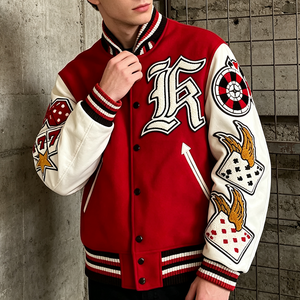 Custom Logo <b>Men</b> Varsity <b>Jacket</b> Embroidered Patch Leather Sleeve Bomber <b>Jacket</b> Wool <b>Baseball</b> Coat Red Vintage Streetwear <b>Jacket</b> - Product Image 2