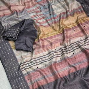 Sari Premium de Mezcla Tussah con Bordado a Mano Kantha, Trabajo de Espejo, Estampado Digital y Borde Jacquard Zari - Product Image 5