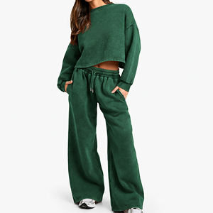 Ensemble sweat à capuche court et jogging en molleton 100 % coton, couleur unie, style streetwear, grande taille, léger et ample, prix de gros - Product Image 1