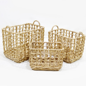 Artex Dong Thap Water Hyacinth Woven <b>Rectangular</b> Clothing Organizer <b>Storage</b> <b>Basket</b> Set of 3 with Liner - Product Image 1