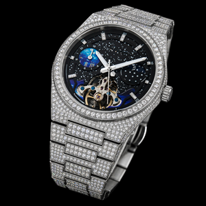 Montre de luxe à mouvement quartz, cadran ciel nocturne céleste, entièrement pavée de diamants, en or blanc, avec phases de lune - Product Image 1