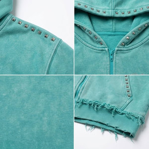 Sweat à capuche unisexe décontracté en polaire avec fermeture éclair, style unique, turquoise, logo brodé et garniture cloutée, idéal pour l'automne - Product Image 6