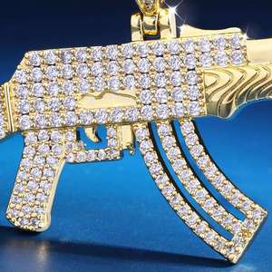 Pendentif AK47 Iced Out en alliage plaqué or avec micro-pavé de strass, style hip-hop, bijoux pour hommes - Product Image 2