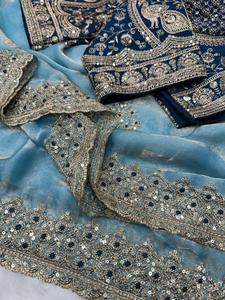 Sari Royal Glow Fendy en satin avec broderie de sequins 3MM, motifs Buttas sur toute la surface, bordure premium lourde, entièrement cousu, infroissable, séchage rapide - Product Image 3