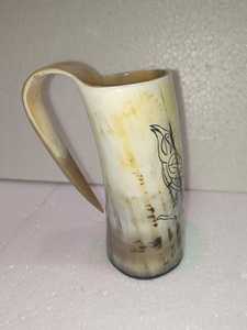 Handcrafted Customised Viking Carving Ceramic Drinking Horn <b>Mug</b> Highly Polished Natural Horn India for Business Gifts-Wine Beer - Product Image 2