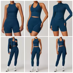 Gray Racerback Yoga Set High Waist <b>Leggings</b> Shorts Seamless 2 Piece Activewear Solid Color <b>Crop</b> Top Full Sleeve - Product Image 3