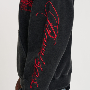 Sweat-shirt à capuche surdimensionné pour homme en coton/polyester, style streetwear, imprimé floral rouge brodé au dos, effet délavé à l'acide - Product Image 3