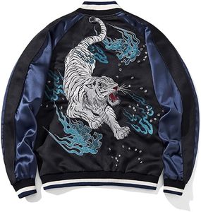 Chaqueta Bomber Negra para Hombre con Bordado de Llama Azul, Mangas de Satén, Cierre de Cremallera, Cuello Camisero, para Otoño - Product Image 2