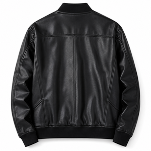 <b>Men's</b> Black PU Bomber <b>Jacket</b> Custom Embroidery Single Button Winter Sporty Casual Cotton Fabric Stand Collar - Product Image 2